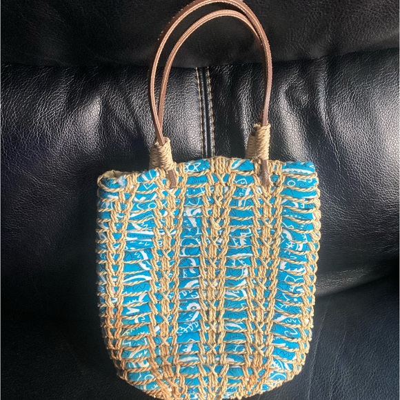 Ralph Lauren Polo Jean Co. Blue & White Bandanna Woven Straw Mini Bag - Picture 2 of 11